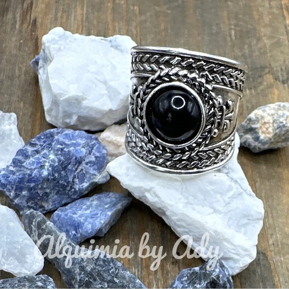 Black Onyx and silver maxi big cuff adjustable bohemian oversized statement - Picture 1 of 8